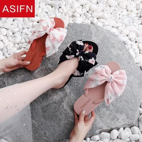 ASIFN 2021 Summer Cute Women Slippers Chiffon Bow Non-slip Fashion Ladies Shoes Flat-bottom Non-slip Wear-resistant Sandals