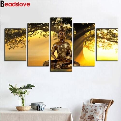 Hot Sell Fashion Wall Art diamond Painting 5 Pcs Diamond Buddha Zen big tree sunrise Landscape Modern full rhinestone Home Decor