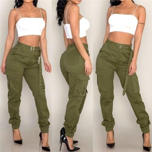 Trendy Women clothes Ladies High waist pocket Button Pants solid slim cotton Trousers one pieces