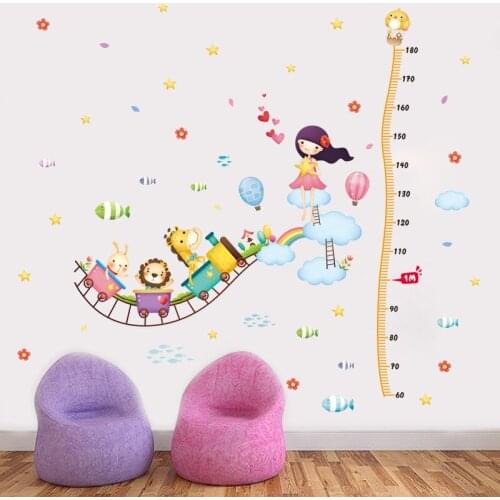 Cartoon sky animal train child height growth wall sticker beauty girl clouds stars balloon fish kids room bedroom warobe sticker