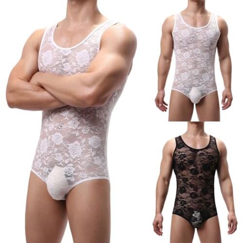 Men Jumpsuit Breathable Mesh Underwear Summer Sexy Fashion Lace Sleeveless Bodysuit Comfortable Net Yarn Jumpsuits S-XL