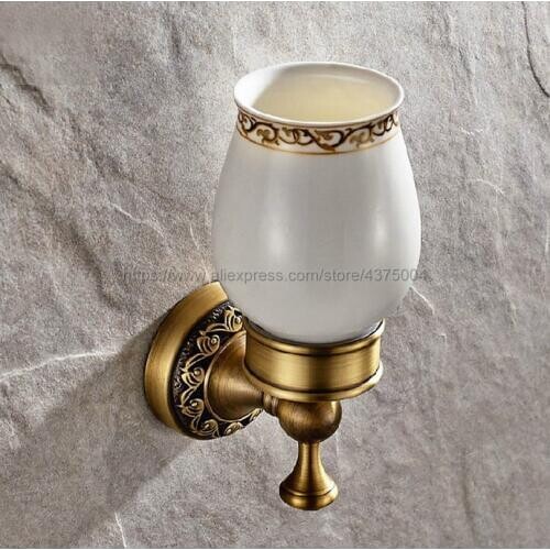 Wall Mounted Cup & Holders Antique Brass Glass Cups Toothbrush Holder Bath Hardware sets Single Cup Holder Nba497