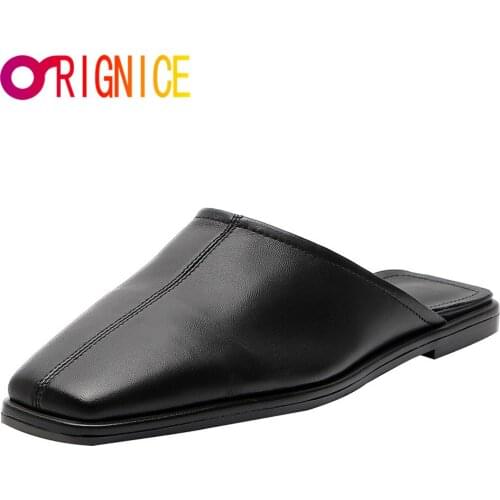 Orignice New Brand Women Soft Sheepskin Flat Mules Fashion Square Toe Office Ladies Slippers Slip On Outdoor Shoes Black Apricot