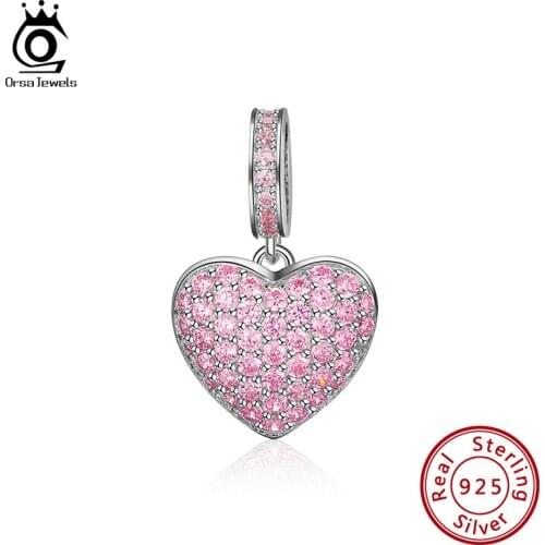 ORSA JEWELS 925 Sterling Silver Heart Bead Shining Pink CZ Charm Fit Original Charm Bracelet DIY Jewelry Accessories CB44