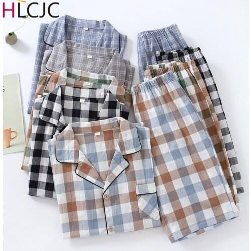 Couples 100% Cotton Pajamas For Women Summer Short Sleeve Tops + Shorts Men Home Suit Plaid Loose Homewear Female Sleepwear Set