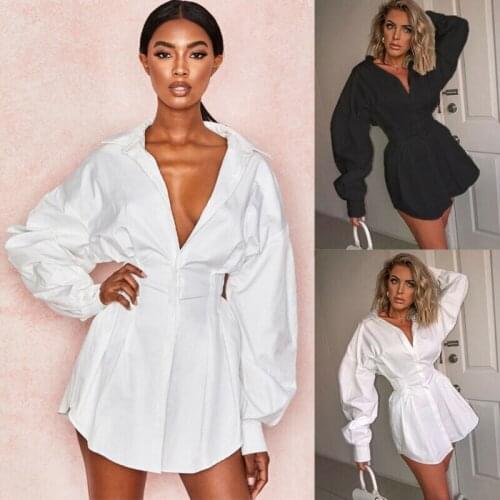Elegant Sexy Office Ladies Shirt Dress Women Long Sleeve Turn-down Collar Solid Color High Waist Slim Holiday Party Mini Dress