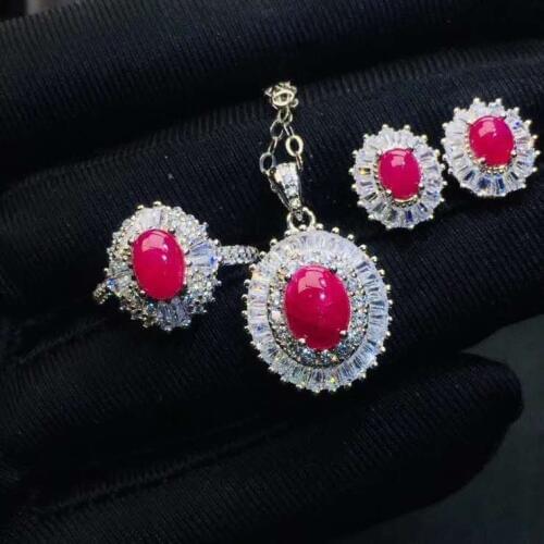 Real Natural Ruby jewelry set Natural Real Ruby 925 sterling silver 1pc pendant,1pc ring,2pcs Earring