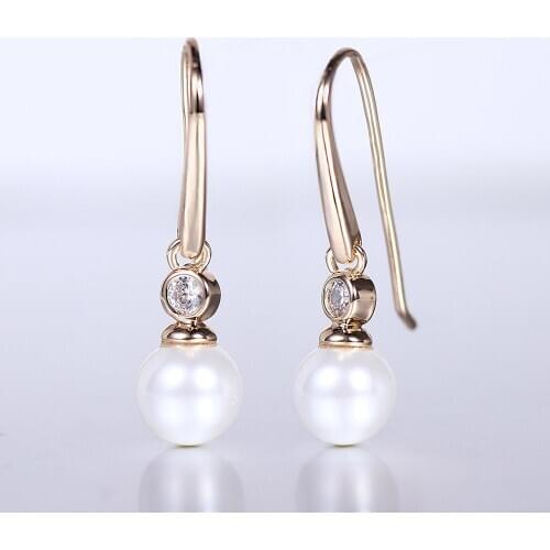 Simulated Pearl Clear Cubic Zircon Drop Huggie Elegant Earrings for Women Girls 585 Rose Gold Earrings Fashion Jewelry GE280A
