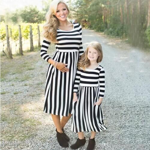Spring New Black/White Striped Pocket Decoration Half Sleeve Fashion Casual Dress Plus Size Mother Daughter Parent-Child Wear 8Y