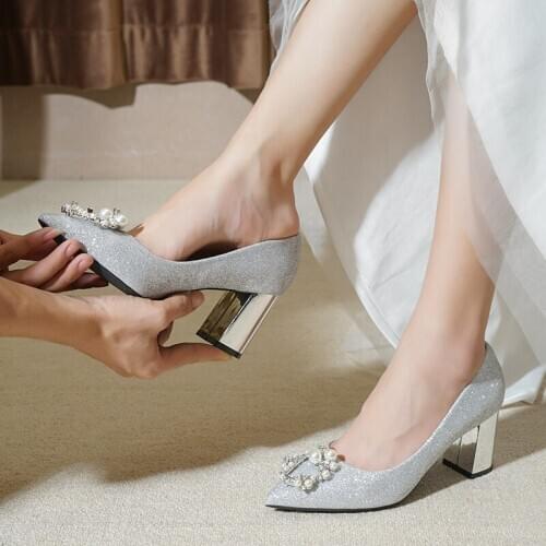 Wedding Shoes Women Chunky Heel New Winter Wedding Pregnant Women Bridal Shoes Silver Paillette High Heels Wedding Crystal Shoes
