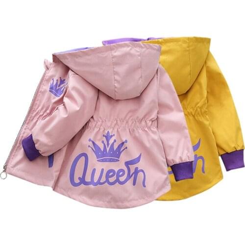 Spring and Autumn 2021 girls clothes waist crown print zipper hooded childrens clothes girls girls pure color coat windbreaker