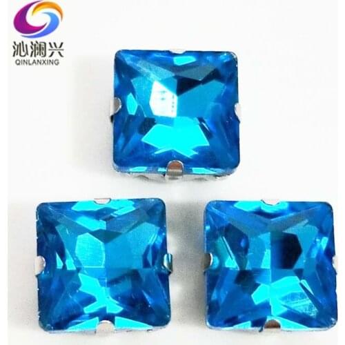 Lake blue top quality Glass Crystal sew on stones,square shape claw rhinestone with holes,Diy/Clothing accessorie SWZ413