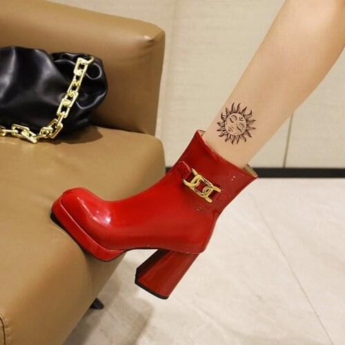 Womens Platform Ankle Boots Block High Heel Patent Leather Shoes Ladies Winter Warm Autumn Styles Size Big 46 47 48