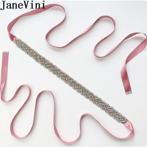 JaneVini Crystal Wedding Belts Satin Rhinestone Ribbon Sashes Crystal Beaded Belts Women Bridal Long Belt For Dresses Party Belt