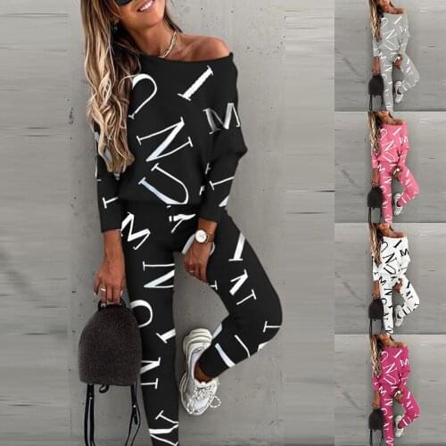 2 Piece Set Women 2021 Spring Autumn Casual Outfit Letters Print Long Sleeve T-shirt Top Pants Sets Tracksuit for Sports