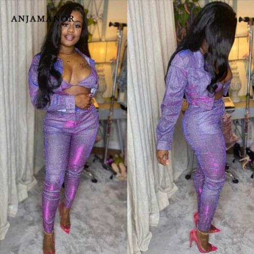 ANJAMANOR Bling Sexy 2 Piece Set Women Club Outfits Jacket and Pants Glitter Two Piece Matching Sets Spring 2020 D21-AI15