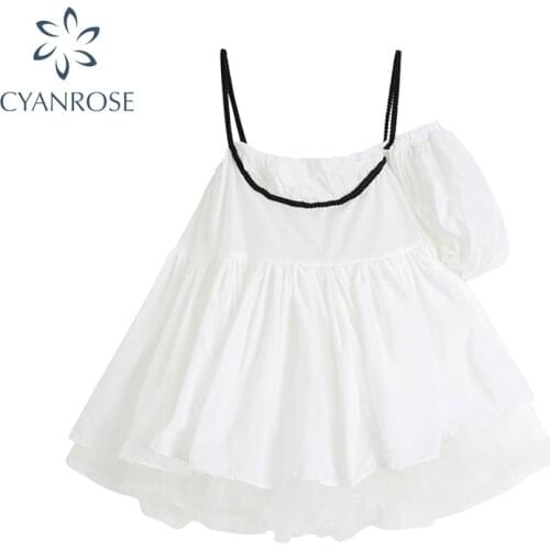 Women Spaghetti Strap Dress 2021 Summer New French Cute Temperament Dress Loose Draped E-Girl 90s Puff Sleeve A-line Mini Dress