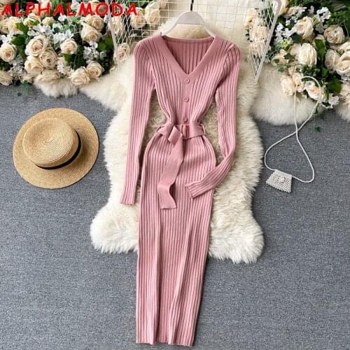 ALPHALMODA 2020 Autumn Elegant Dress V-neck Single Breasted Slim-Fit Sashes Women Vintage Bottom Knitting Dress