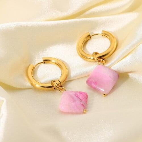 18k Gold Plated Stainless Steel Pink Rhombus Natural Stone Pendant Huggie Earrings For Women Waterproof Tarnish Free