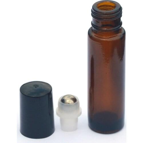 50pcs Empty 10ml Amber Roller Glass Vial Perfume Sample Roll-On Bottle With Black Plastic Cap Essential Oil Jar