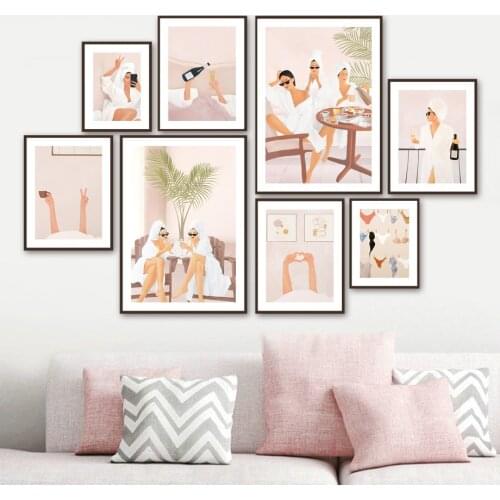 Abstract Fashion Girl Peaceful Morning Wine Palm Leaf Nordic Poster Wall Art Print Canvas Painting Decor Picture For Living Room