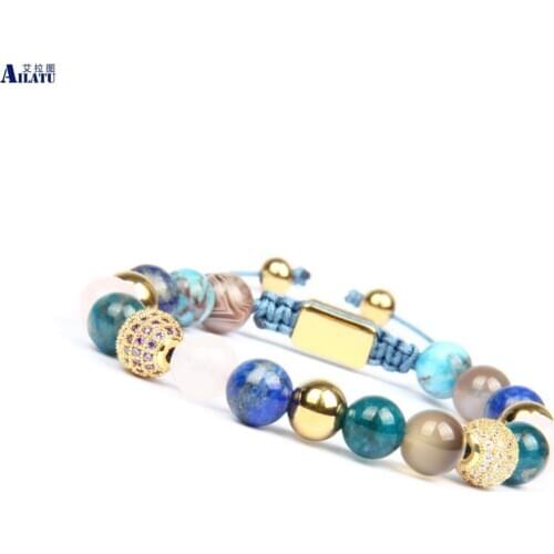 Ailatu New Mens Beaded Macrame Bracelet with Micro Pave Cz Ball and Natural Stone Beads Top Quality