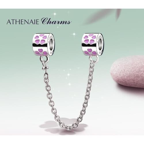 ATHENAIE 925 Sterling Silver Enamel Love Conection Safety Chain Charms Bead Fit European Women Bracelets Color Pink Red Purple