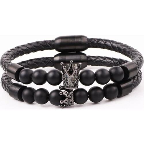 High Quality Punk 316L Stainless Steel CZ Crown Queen Charm Real Genuine Leather Bracelet Men Jewelry Gift