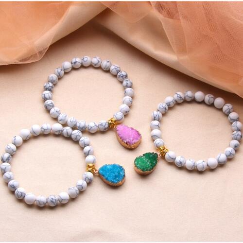 Natural blue pink green Agates Druzy Charm Bracelet for women female White Howlite Stone Beads beaded bracelets friendship gifts