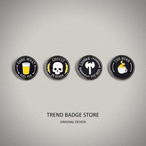 Black circular insignia with letters of English Shirt Badge surround a skull coffee cup axe icon Brooch Enamel Label Pins