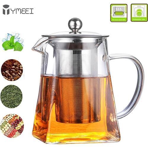 YMEEI 500Ml Household Glass Teapot Heat Resistant Square Teapot With Stainless Steel Infuser Strainer Home Office Drinkware