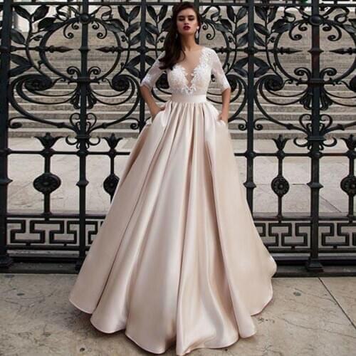 Elegant Satin Wedding Dresses With Pocket Vestidos Noiva Lace Half Sleeves Bridal Gowns 2021 Floor Length Champagne Bride Dress