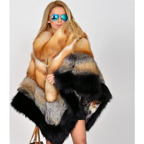 FURSARCAR 2020 Luxurious Genuine Gold Fox Fur Winter Cape O-Neck Fox Fur Poncho Warm Femal Ladies Plus Size Party Jackts