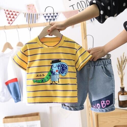 Infant Baby Boys Clothing Set For Kids Boys Gentleman suit Summer Casual Clothes Set stripe Top Short Jeans Suits
