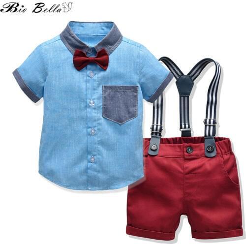Baby Boy 2pcs Clothing Set Gentleman Suit Bow Tie Short Sleeve Shirt Suspenders Short Infant Clothes Formal Gentle Kids Clothing