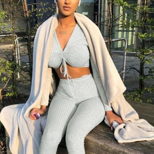 Women 2 PCS Sport Outfits Stretch Long Sleeve V Neck Crop Top Pants Trousers Casual Yoga Sets Jumpsuit Sportswear