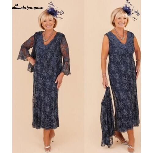Lace Mother Of The Bride Dresses Suit Formal Wedding Party Dresses With Jacket V-Neck Tea Length Plus Size Vestidos De Madrinha