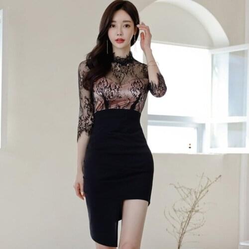 Summer Dresses Korean Bandage Bodycon Lace Womens Dress See Through Vintage Elegant Clothes Sexy Party Asymmetrical Sundress
