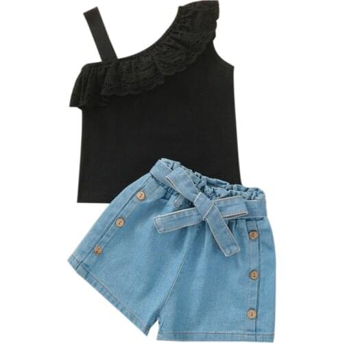 Summer Kids Tracksuit Set Lace Flounce Sleeveless Vest + Elastic Waist Denim Shorts Children Girls 18 Months to 6 Years