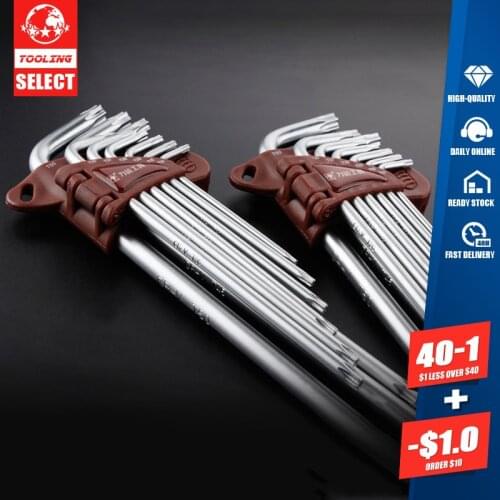LIJIAN 9pcs Torx Hex Key Wrench Set T10-T50 Cr-V Long Size With Chrome Plated Surface Finish