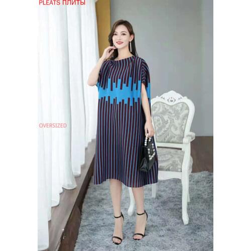 Loose Fashion Miyake Pleated A-line Dress Japanese and Korean Style Large Size Short-sleeved Dress Super Elastic PLEATS Vestido