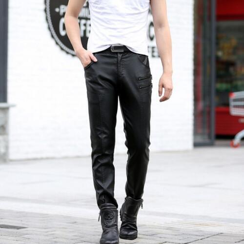 Fashion Mens Skinny Pu Leather Motorcycle Pencil Pants New Zipper Slim Fit Faux Leather Trousers Punk Long Pants Plus Size M-5XL
