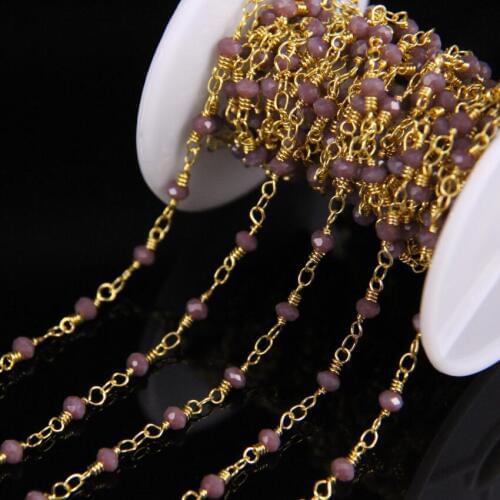 5Meters,3x4mm Candy Purple Glass Faceted Rondelle Gold Chain,Crystal Bead Wire Wrapped Rosary Style Chain DIY Bracelet Necklace