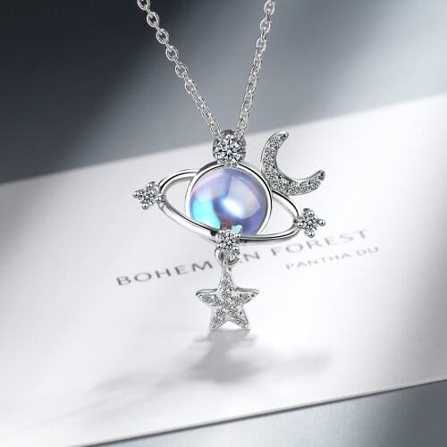 925 Sterling Silver Moonstone Planet Star Moon Charm Pendant Necklace For Women Wedding Jewelry Choker Collar dz523