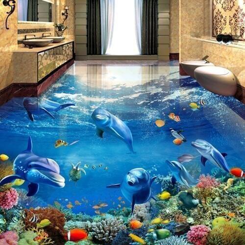 Custom 3D Floor Painting Photo Wallpaper Underwater World Dolphin Living Room Bathroom PVC Waterproof Mural Papel De Parede 3D