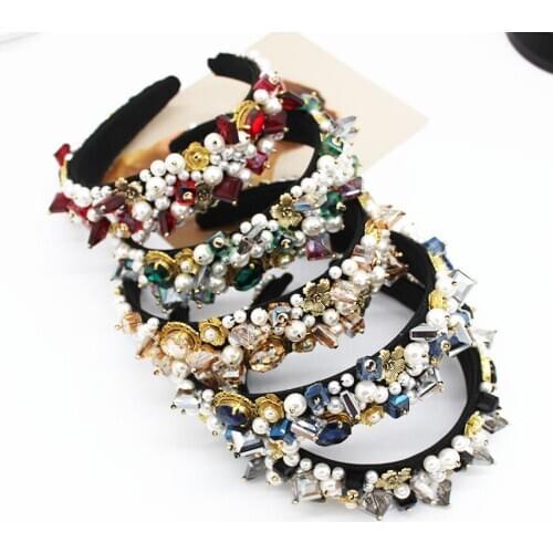 Personality street style headband Baroque exaggerated crystal pearls with headband catwalk dance dance party multicolor headband