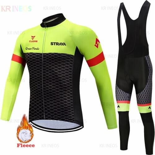STRAVA Mens Winter Thermal & Fleece Triathlon Clothing Long Sleeve Cycling Clothing Braces Cycling Pants For 2020