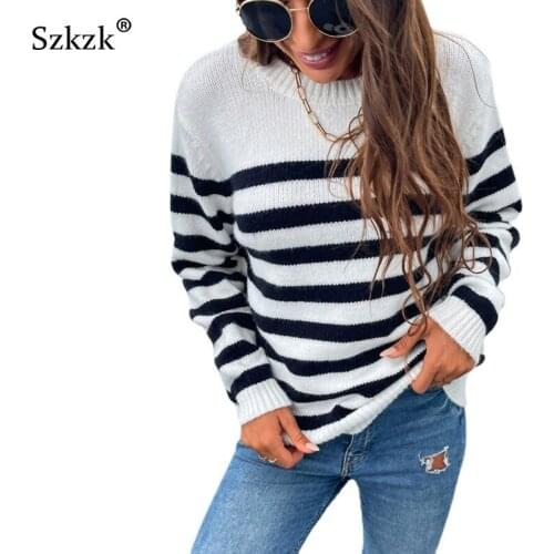 Knit Ribbed Sweater Black And White Striped Sexy Tops Womens Pullovers Female Jumper Autumn Winter Long Sleeve Knitwear Sweaters