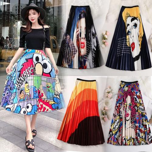Spring and Summer 2020 New European and American Womens Cartoon Printed Pleated Skirt All-match Elastic Skirt