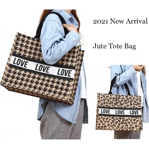Women Summer Luxury Jute Handbags for Beach Vintage Swallow Gird Printing Shoulder Bags Daily Use Female Leopard Shopping Tote